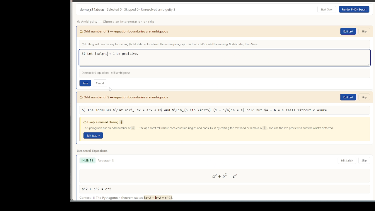 Edit text 열림 — textarea 안 문단 편집 + 라이브 프리뷰