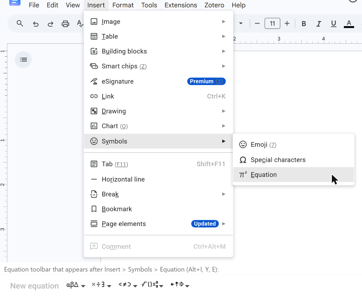 The Insert menu open, the Symbols submenu showing Emoji, Special characters and Equation, with the equation toolbar below it