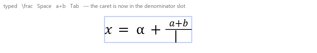 An equation box showing x = α + a fraction with a+b in the numerator and the caret in the empty denominator