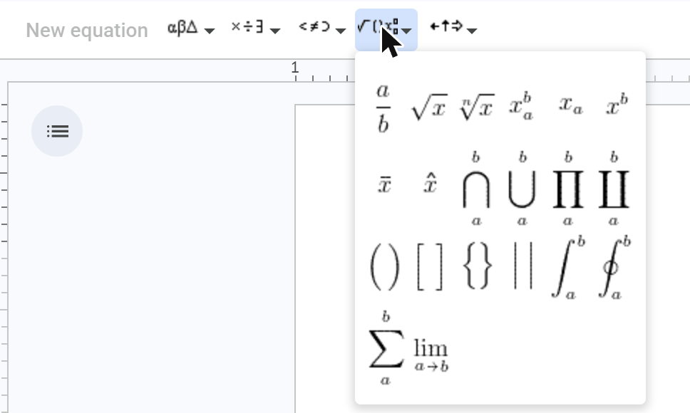 The Math operations dropdown open, showing fraction, root, n-th root, scripts, overline, hat, big operators, the four bracket pairs, integrals, sum and lim