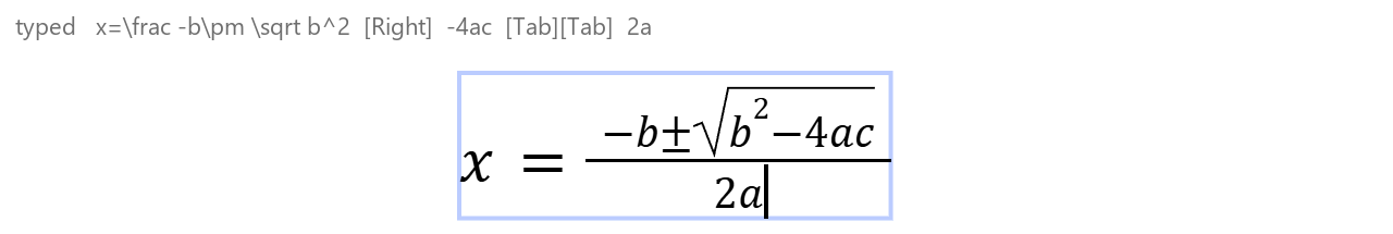 An equation box showing the quadratic formula x = (−b ± √(b²−4ac)) 2a