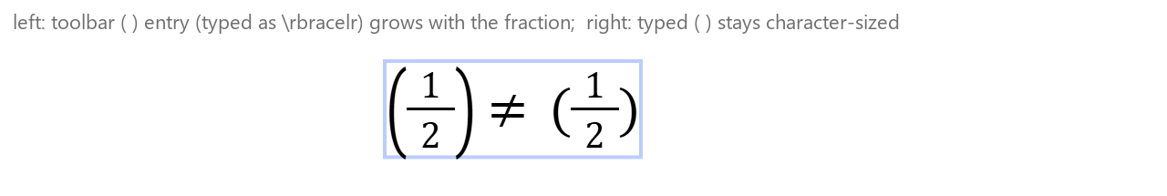 An equation box showing a fraction 1/2 inside tall parentheses on the left, not equal to the same fraction inside character-sized parentheses on the right