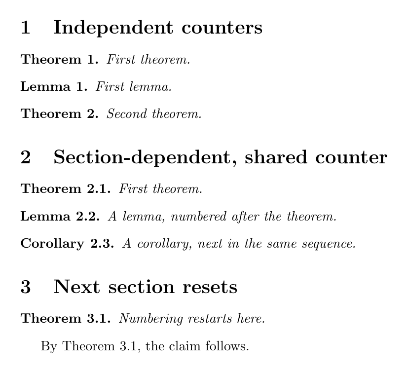 세 절에 걸친 정리 번호 실측 — 1절은 Theorem 1, Lemma 1, Theorem 2 (독립), 2절은 Theorem 2.1, Lemma 2.2, Corollary 2.3 (절 종속·공유), 3절에서 Theorem 3.1 로 초기화되고 본문에서 ref 로 3.1 을 부른다